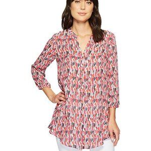 Nic + Zoe Bird Printed Long Sleeve Button Down Tunic Top L
